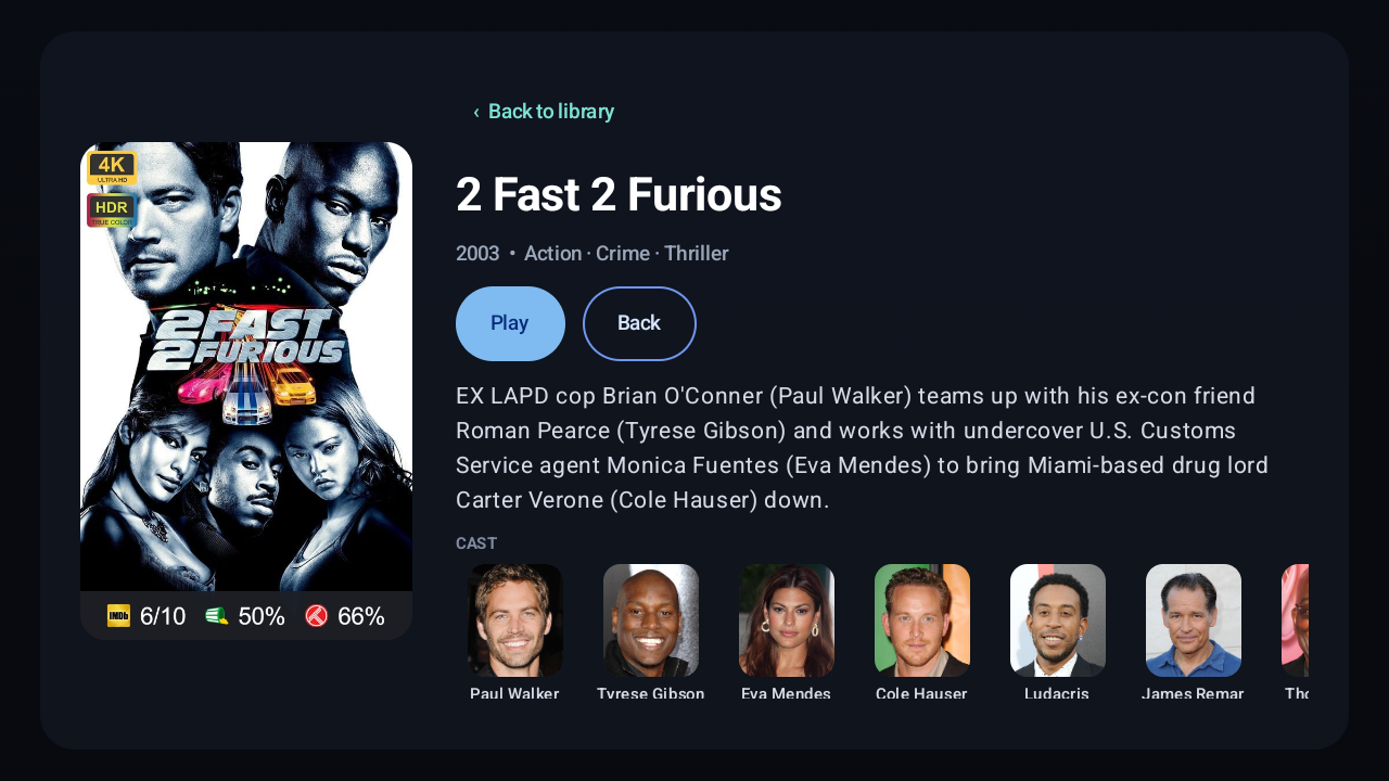 LumaPlay movie details screen showing synopsis, cast and playback options on Android TV